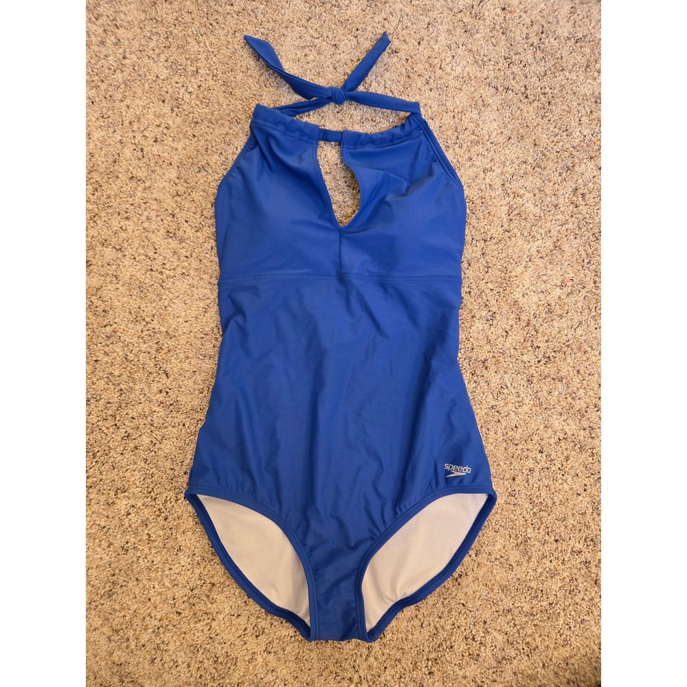 Speedo Womens One Piece Swimsuit Size 12 Blue Halter Keyhole Swimwear